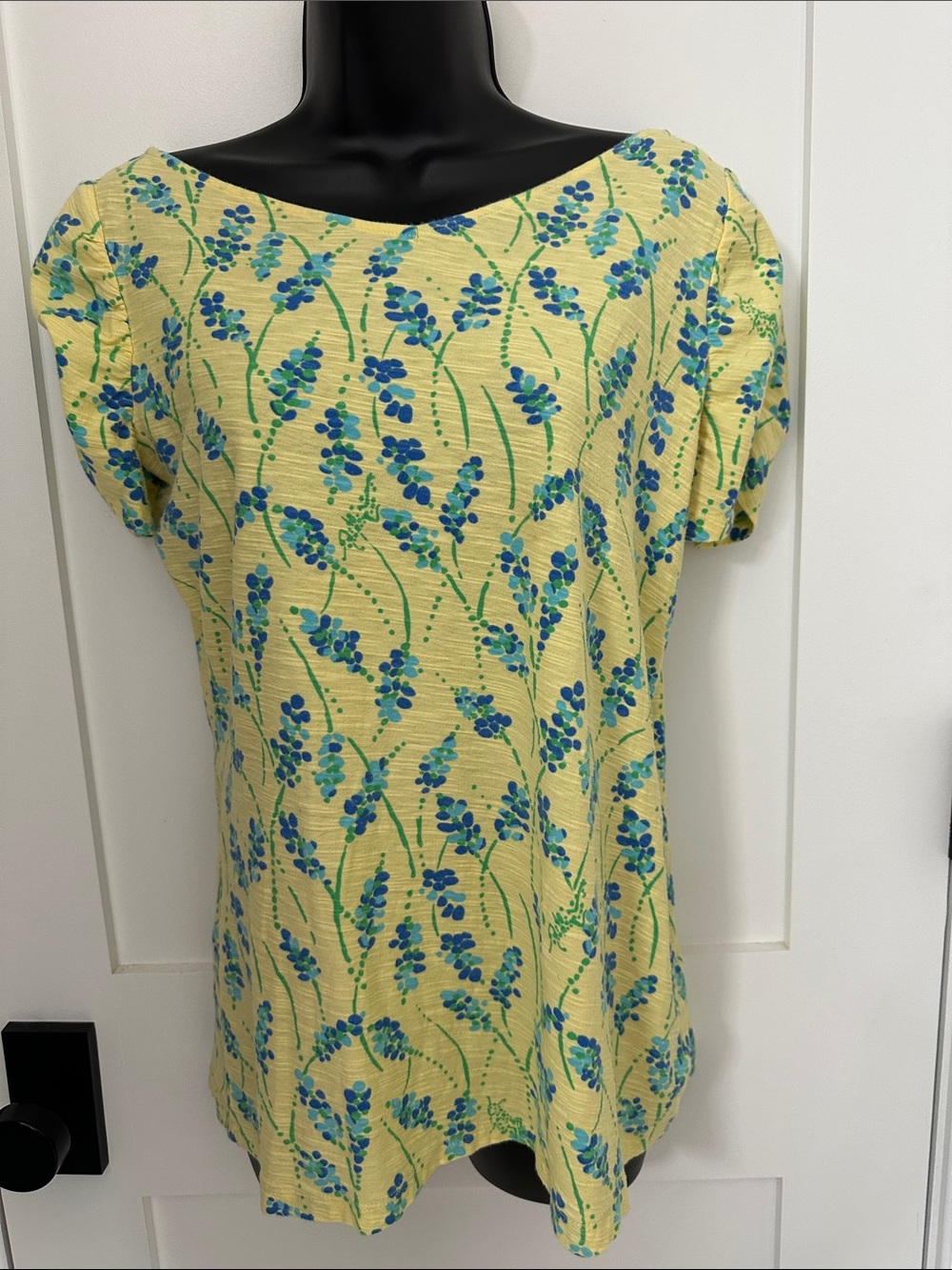 Lilly Pulitzer Yellow Scoop-Neck Short Sleeve Top with Blue Floral Sprigs